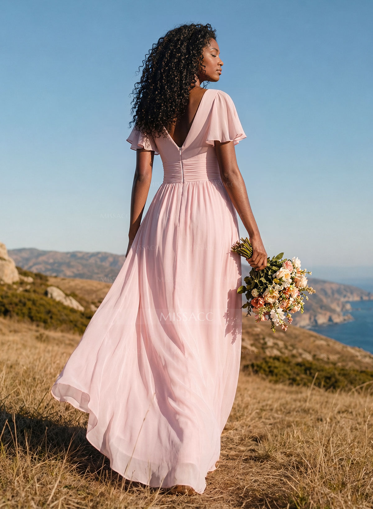 Classy A-Line V-Neck Flutter Sleeve Chiffon Bridesmaid Dresses