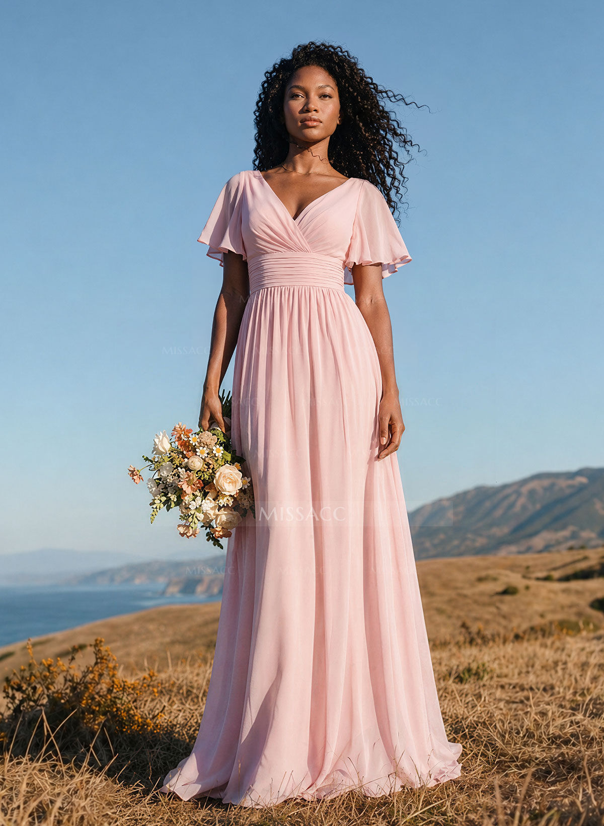 Classy A-Line V-Neck Flutter Sleeve Chiffon Bridesmaid Dresses