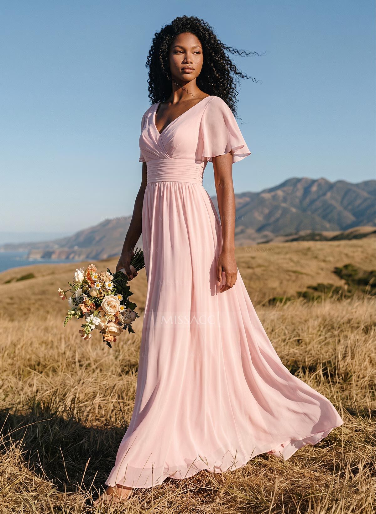 Classy A-Line V-Neck Flutter Sleeve Chiffon Bridesmaid Dresses
