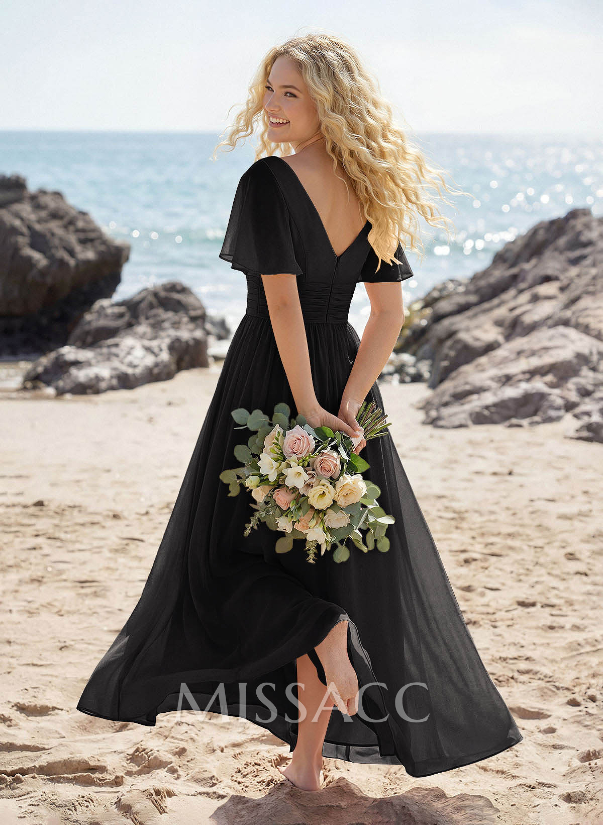 Classy A-Line V-Neck Flutter Sleeve Chiffon Bridesmaid Dresses