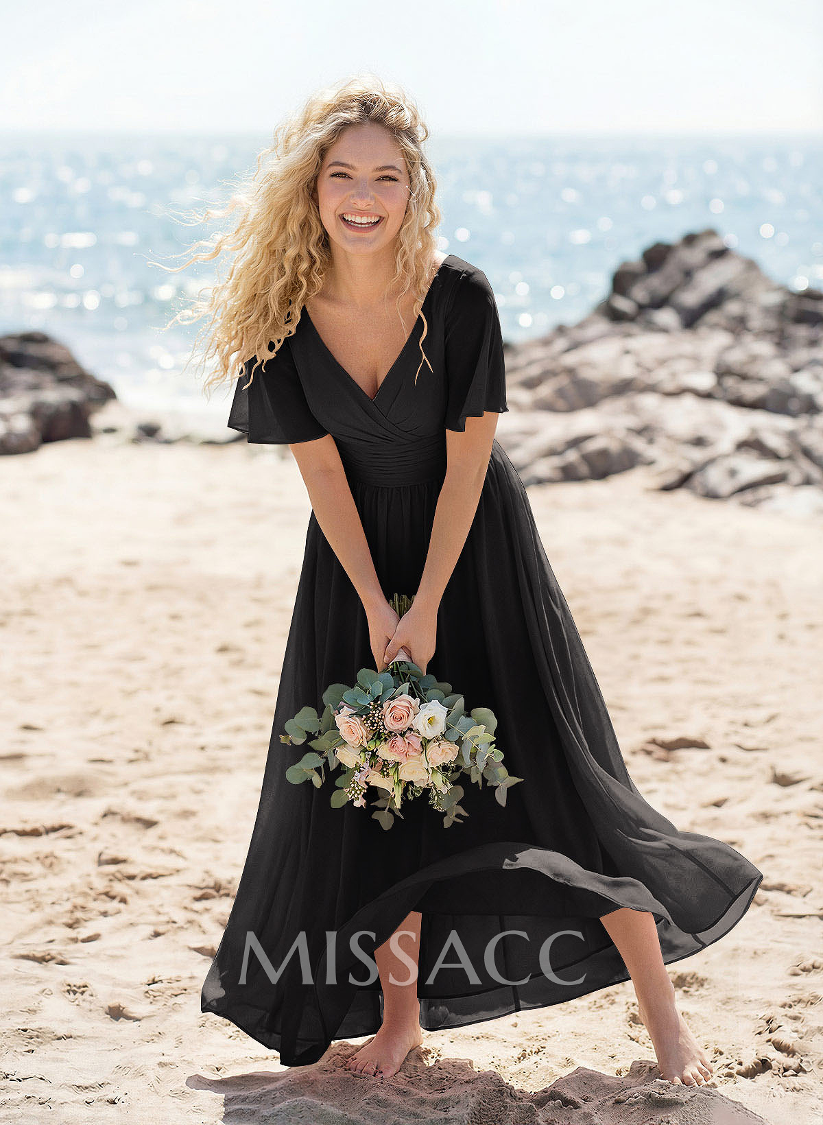 Classy A-Line V-Neck Flutter Sleeve Chiffon Bridesmaid Dresses