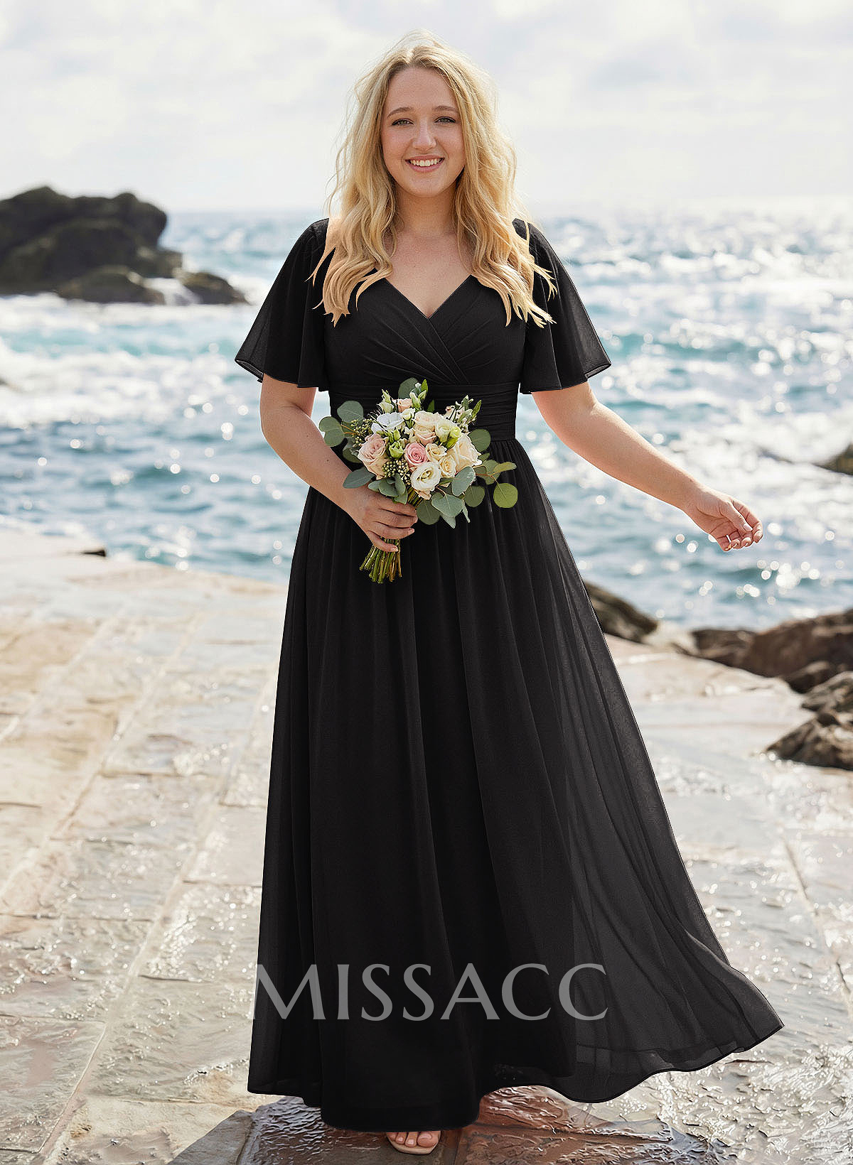Classy A-Line V-Neck Flutter Sleeve Chiffon Bridesmaid Dresses