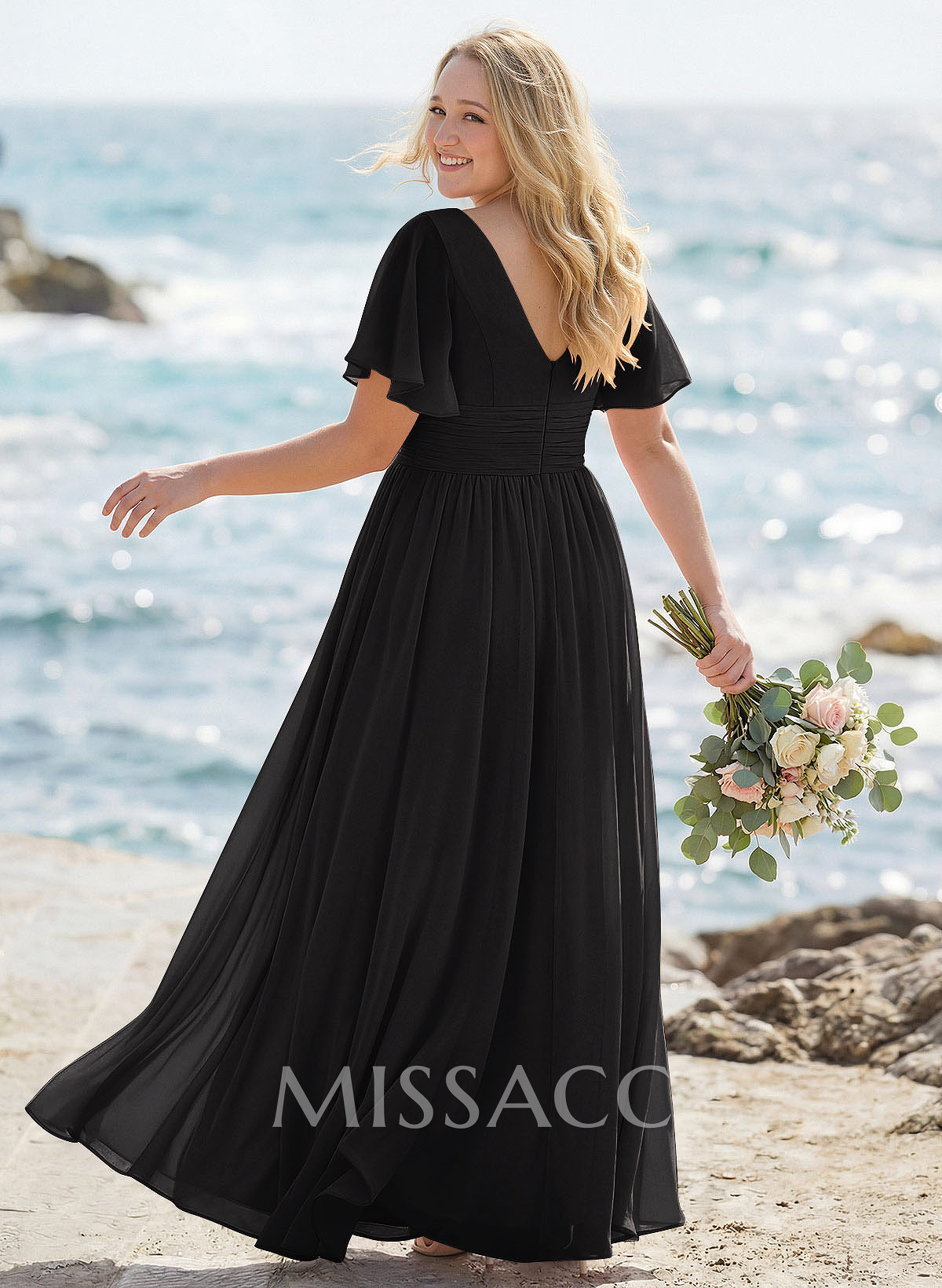 Classy A-Line V-Neck Flutter Sleeve Chiffon Bridesmaid Dresses