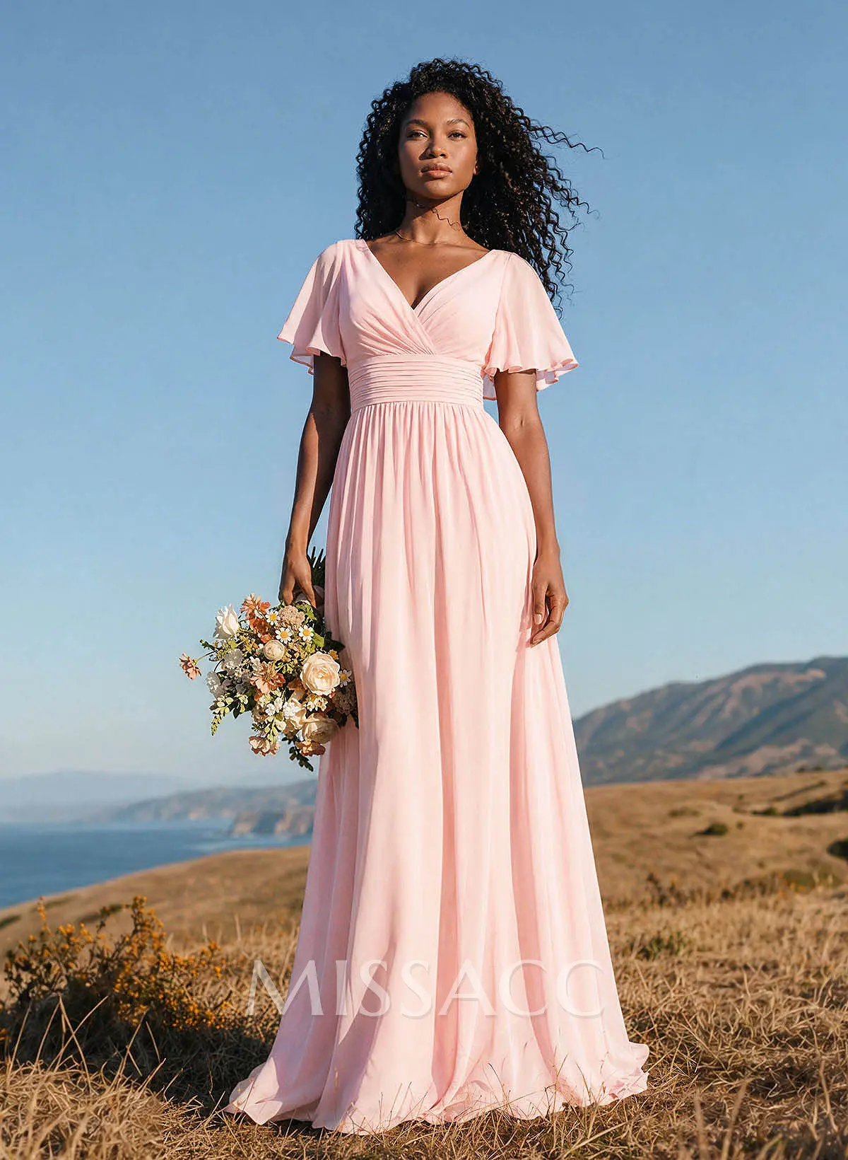 flutter sleeve chiffon dress Floral Mock Neck Maxi and split flutter sleeves Chiffon Flutter Sleeve Midi-Length Dress
