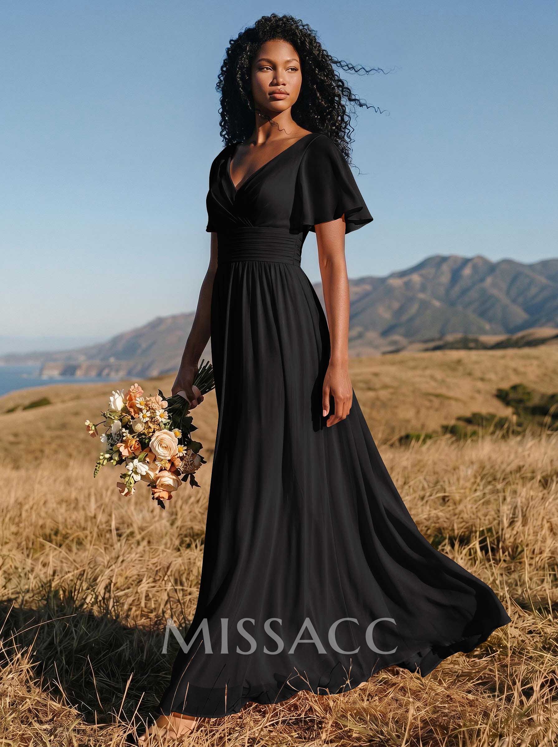 Classy A-Line V-Neck Flutter Sleeve Chiffon Bridesmaid Dresses