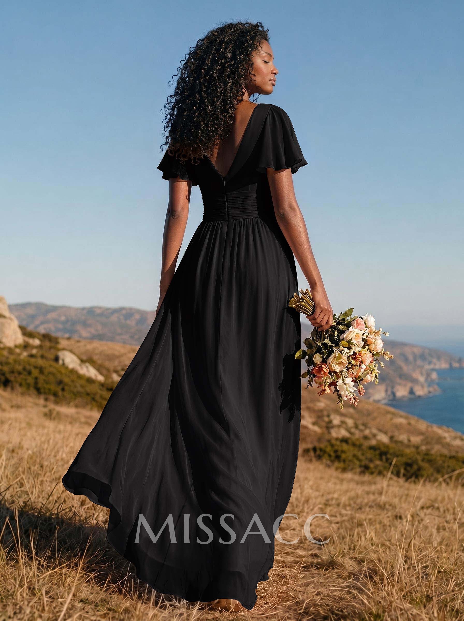 Classy A-Line V-Neck Flutter Sleeve Chiffon Bridesmaid Dresses