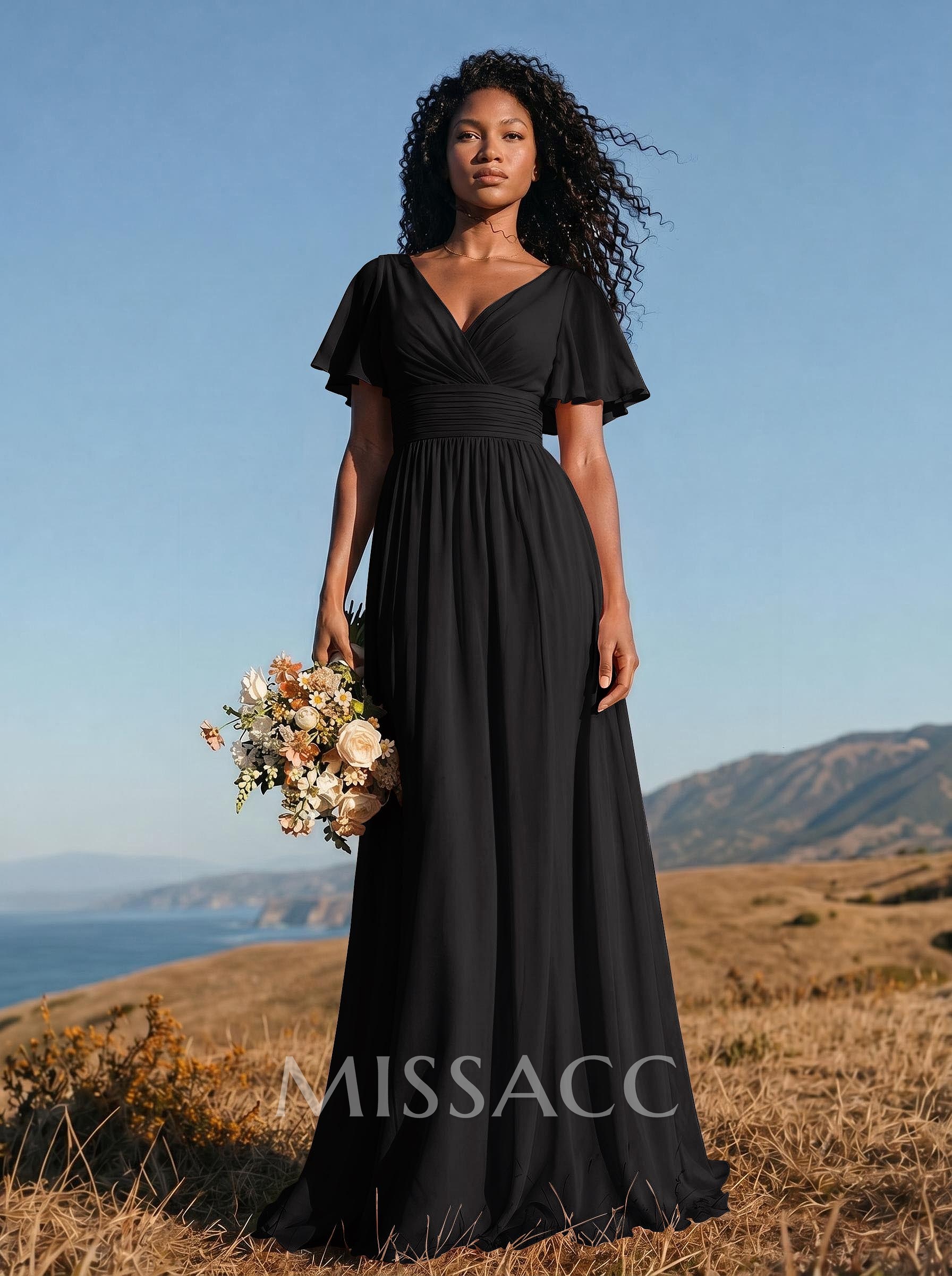 Classy A-Line V-Neck Flutter Sleeve Chiffon Bridesmaid Dresses