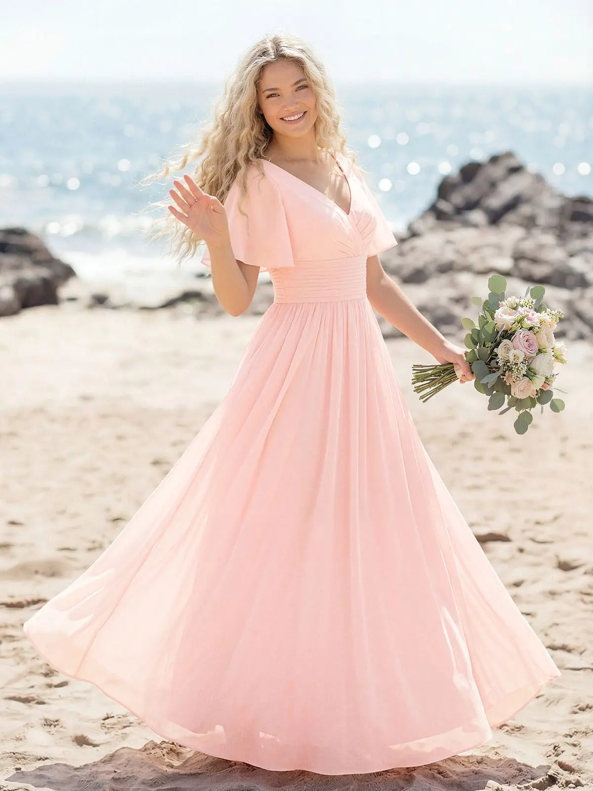 Classy A-Line V-Neck Flutter Sleeve Chiffon Bridesmaid Dresses Classy A-Line V-Neck Flutter Sleeve Chiffon Bridesmaid Dresses