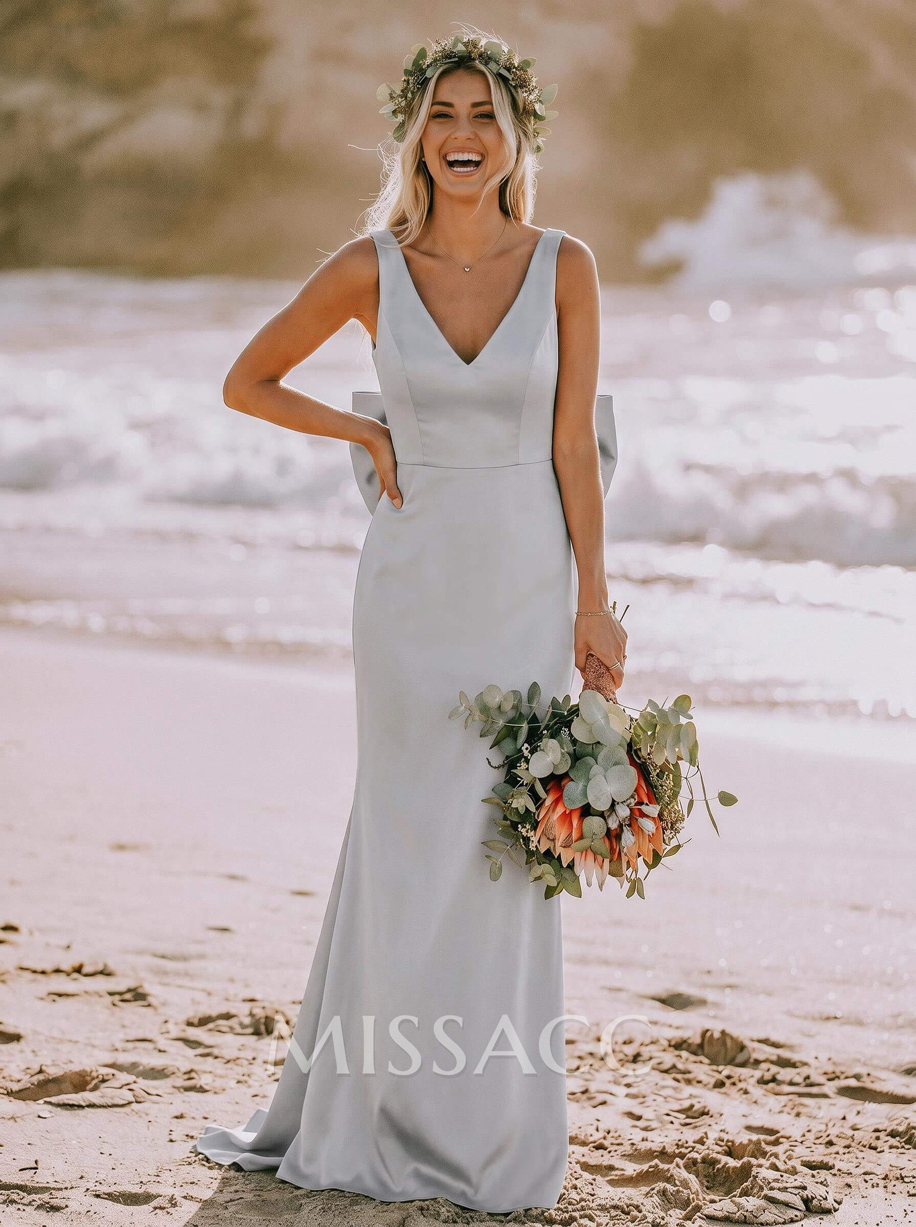 Modest Trumpet V-Neck Sleeveless Detachable Silk Like Satin Bridesmaid Dresses With Bow(s)