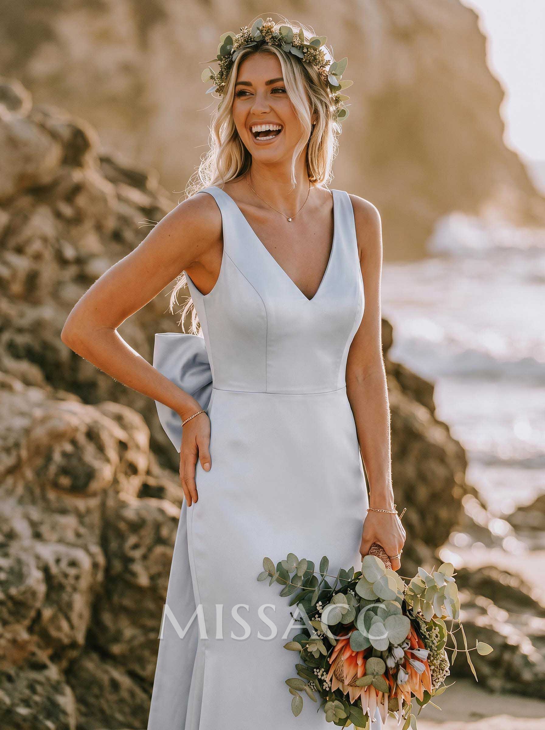 Modest Trumpet V-Neck Sleeveless Detachable Silk Like Satin Bridesmaid Dresses With Bow(s)