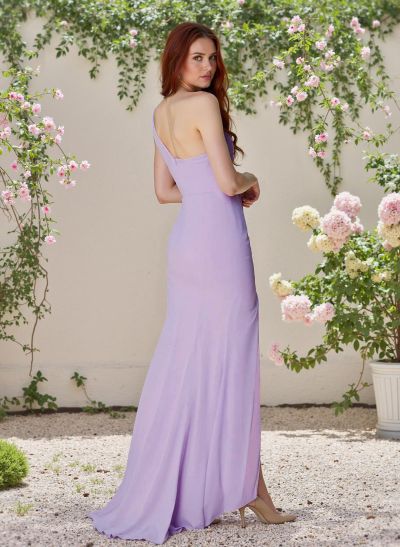 Flattering One-Shoulder Sleeveless Bridesmaid Dresses Chiffon With High Split