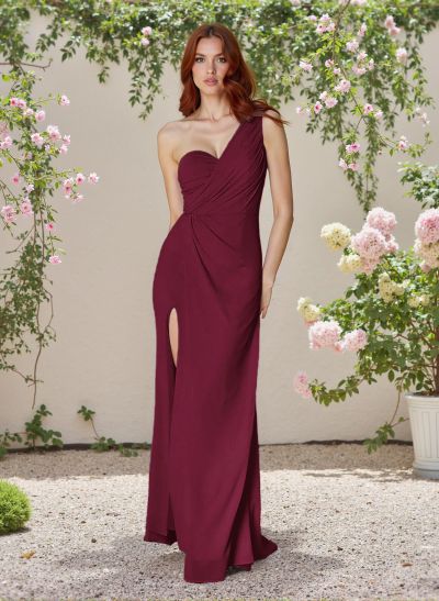 Flattering One-Shoulder Sleeveless Bridesmaid Dresses Chiffon With High Split