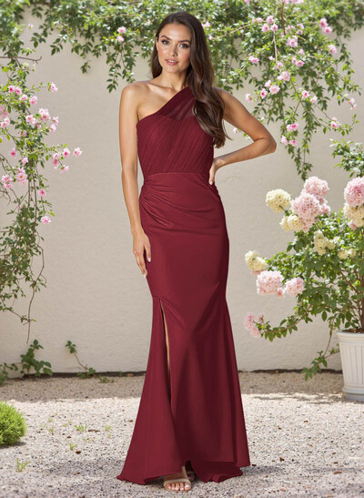 Elegant Trumpet One-Shoulder Sleeveless Crepe Satin Bridesmaid Dresses