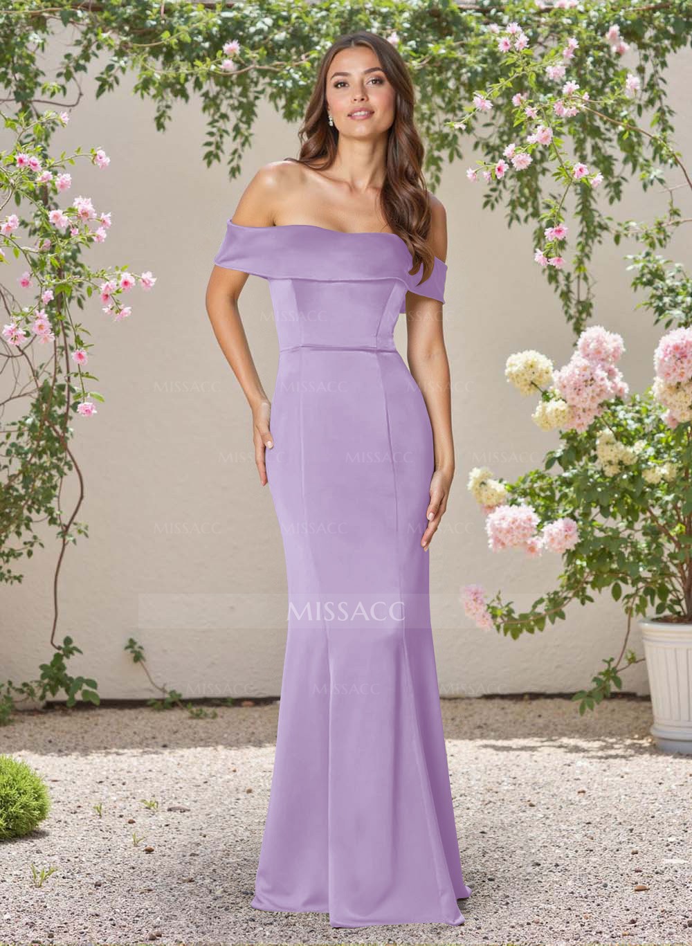 Eleganti Abiti Da Damigella D'onore In Raso Senza Maniche Con Spalle  Scoperte E Scollo A Tromba - Missacc, image size:1000x1367