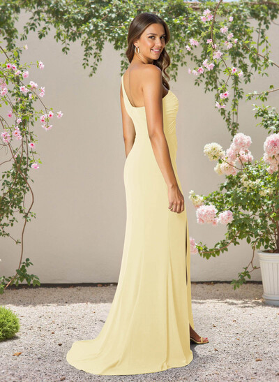 Flattering One-Shoulder Sleeveless Bridesmaid Dresses Stretch Chiffon With High Split