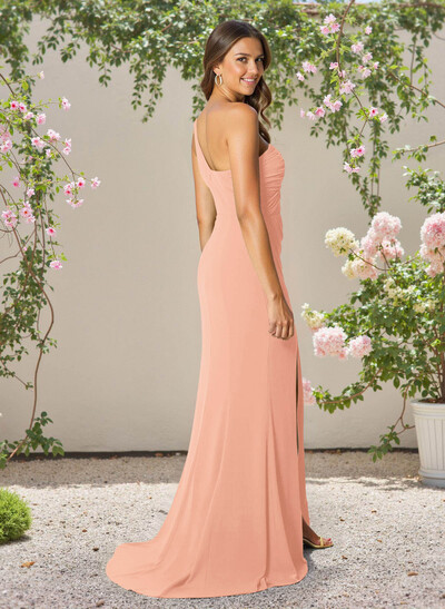 Flattering One-Shoulder Sleeveless Bridesmaid Dresses Stretch Chiffon With High Split