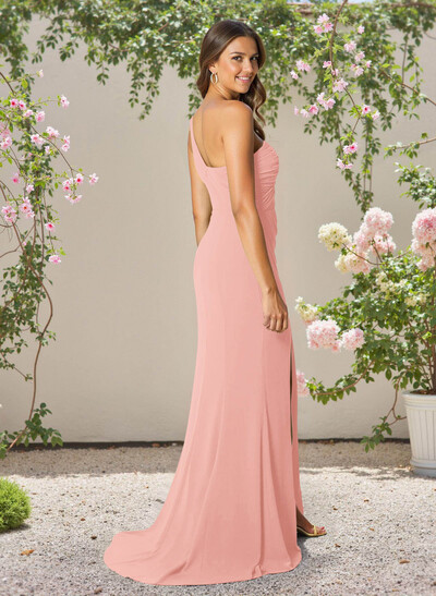 Flattering One-Shoulder Sleeveless Bridesmaid Dresses Stretch Chiffon With High Split