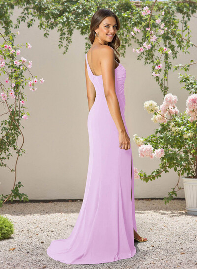Flattering One-Shoulder Sleeveless Bridesmaid Dresses Stretch Chiffon With High Split