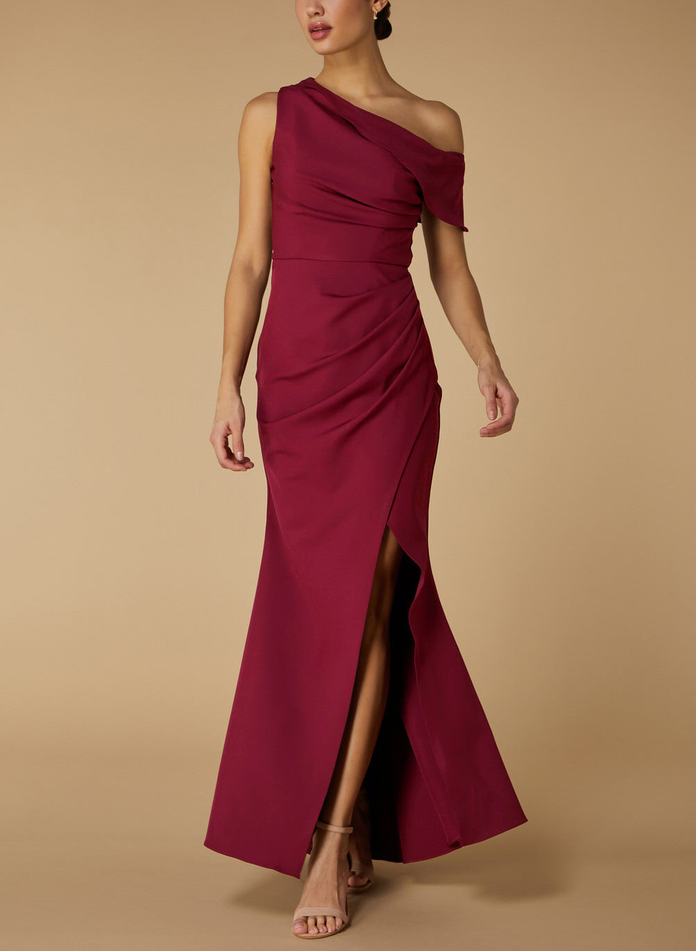 Simple Asymmetrical Neck High Split Satin Bridesmaid Dresses