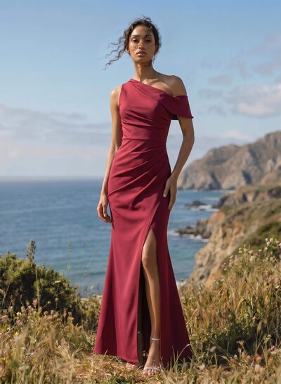 Simple Asymmetrical Neck High Split Satin Bridesmaid Dresses