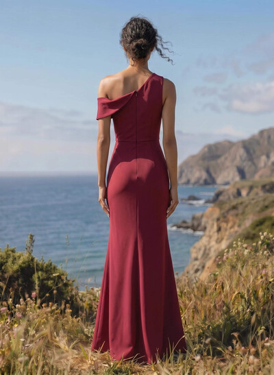 Simple Asymmetrical Neck High Split Satin Bridesmaid Dresses