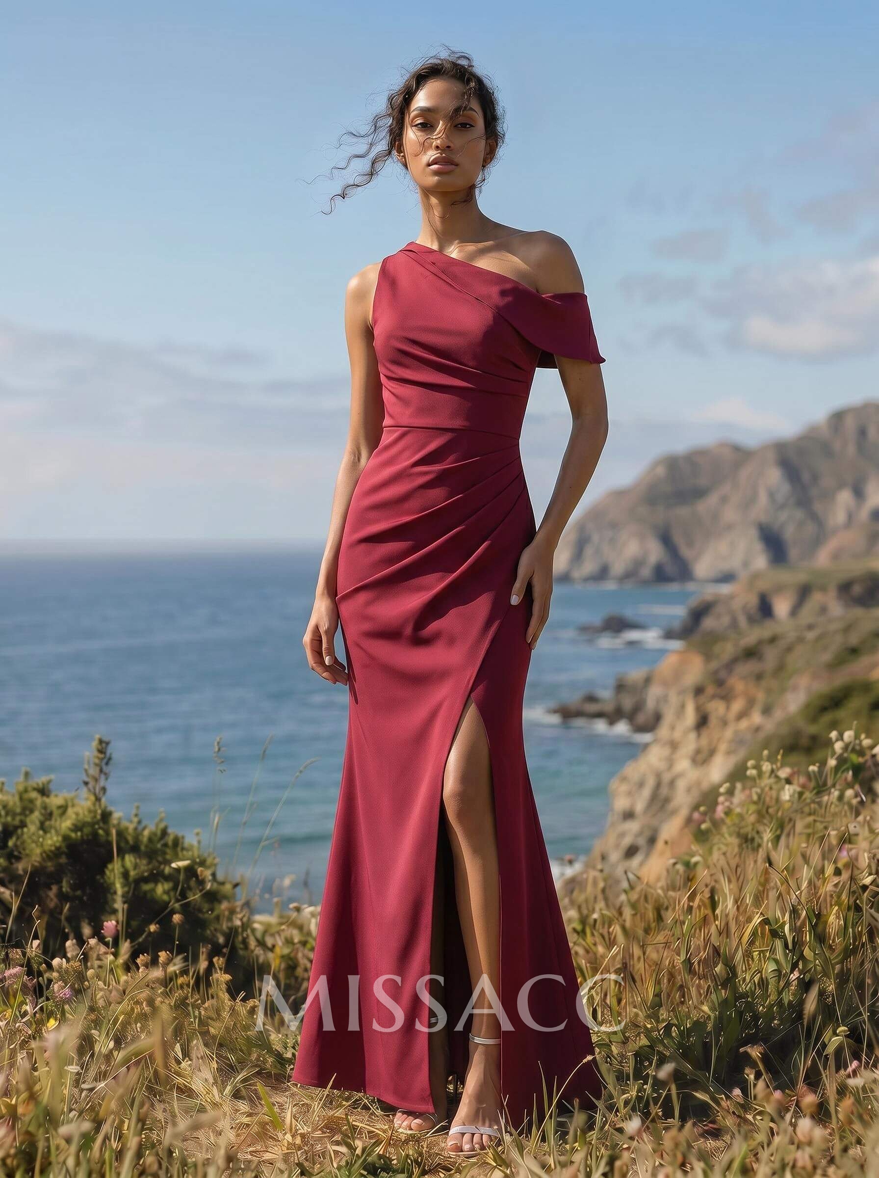 Simple Asymmetrical Neck High Split Satin Bridesmaid Dresses