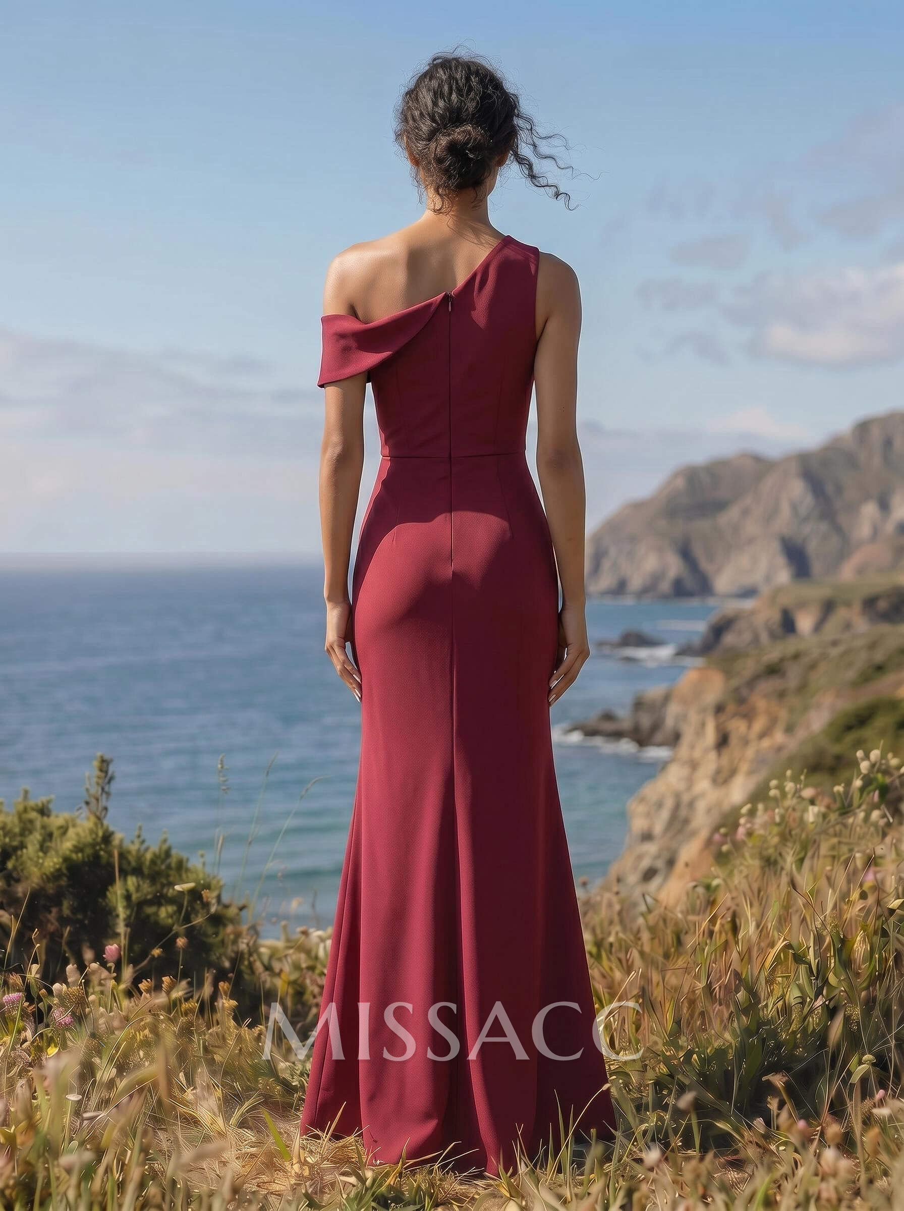 Simple Asymmetrical Neck High Split Satin Bridesmaid Dresses