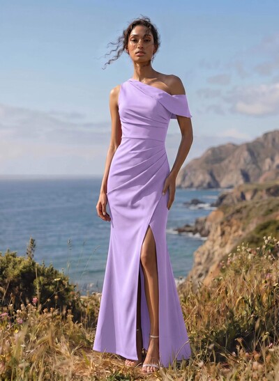 Asymmetrical Sleeveless Crepe Satin Sheath Bridesmaid Dresses With High Slit