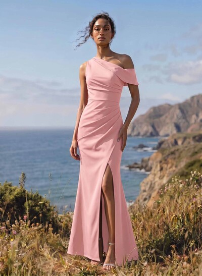 Sheath/Column Asymmetrical Sleeveless Crepe Satin Bridesmaid Dresses With High Split