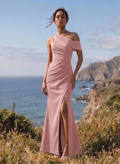 Sheath/Column Asymmetrical Sleeveless Crepe Satin Bridesmaid Dresses With High Split