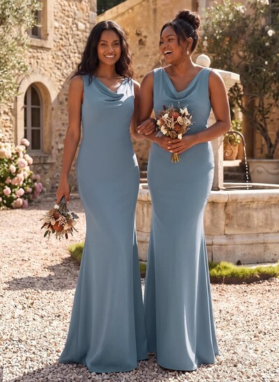 Simple Cowl Neck Cowl Back Floor-Length Elastic Satin Bridesmaid Dresses