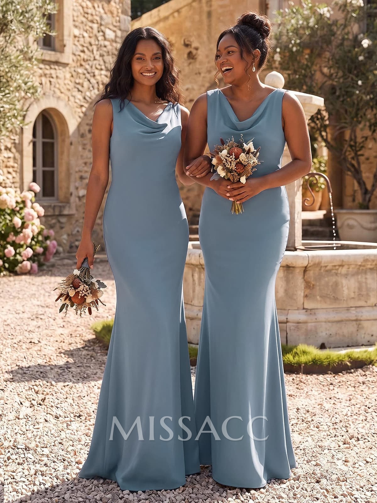 Simple Cowl Neck Cowl Back Floor-Length Elastic Satin Bridesmaid Dresses Simple Cowl Neck Cowl Back Floor-Length Elastic Satin Bridesmaid Dresses