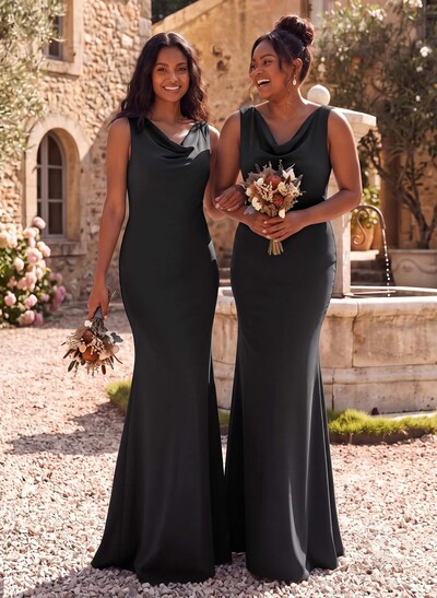 Simple Cowl Neck Cowl Back Floor-Length Elastic Satin Bridesmaid Dresses