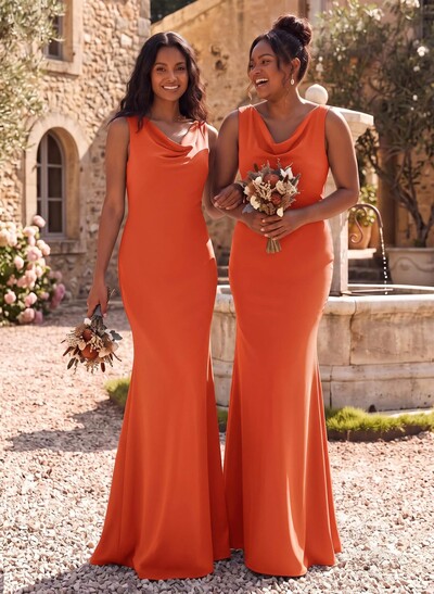 Simple Cowl Neck Cowl Back Floor-Length Elastic Satin Bridesmaid Dresses