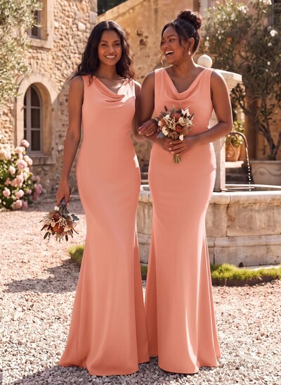 Simple Cowl Neck Cowl Back Floor-Length Elastic Satin Bridesmaid Dresses