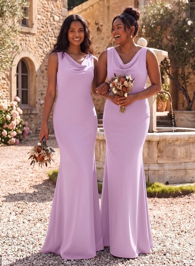 Simple Cowl Neck and Back Floor-Length Stretch Satin Bridesmaid Dresses