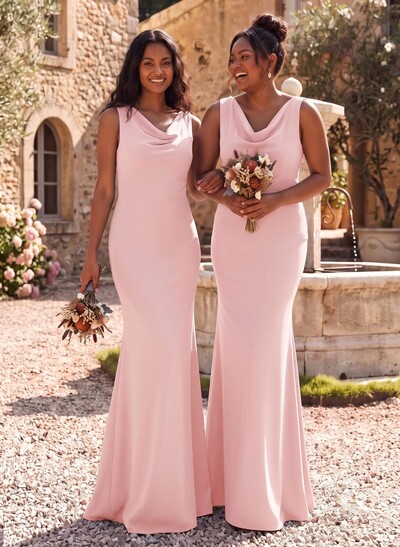 Simple Cowl Neck Cowl Back Floor-Length Elastic Satin Bridesmaid Dresses