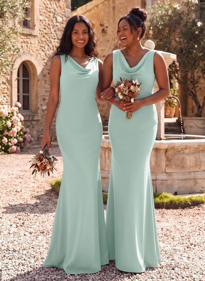 Simple Cowl Neck Cowl Back Floor-Length Elastic Satin Bridesmaid Dresses