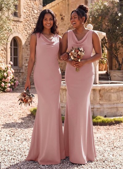 Simple Cowl Neck Cowl Back Floor-Length Elastic Satin Bridesmaid Dresses