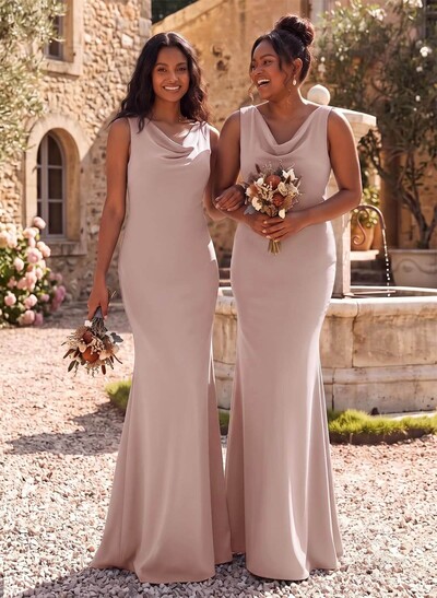 Simple Cowl Neck Cowl Back Floor-Length Elastic Satin Bridesmaid Dresses