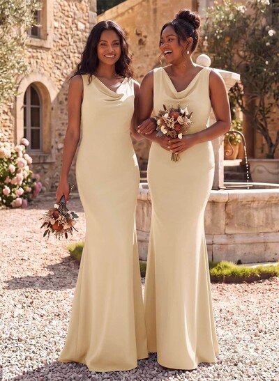 Simple Cowl Neck Cowl Back Floor-Length Elastic Satin Bridesmaid Dresses