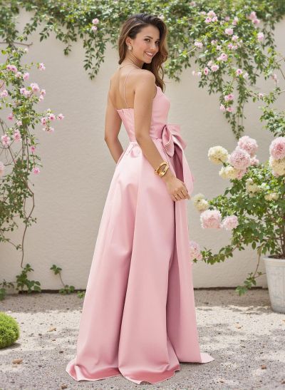 Unique Sweetheart Bow(s) A-Line High Split Floor-Length Satin Bridesmaid Dresses