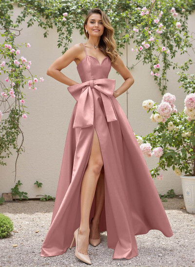 Unique Sweetheart Bow(s) A-Line High Split Floor-Length Satin Bridesmaid Dresses