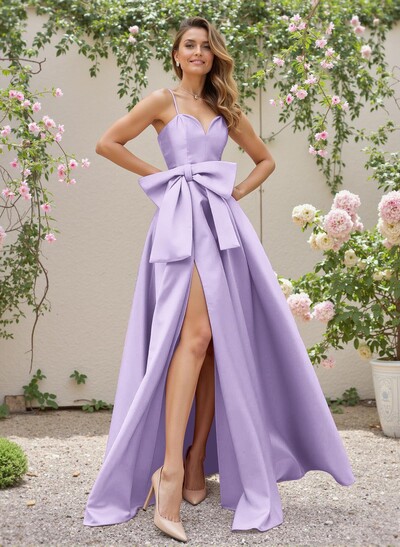 Unique Sweetheart Bow(s) A-Line High Split Floor-Length Satin Bridesmaid Dresses