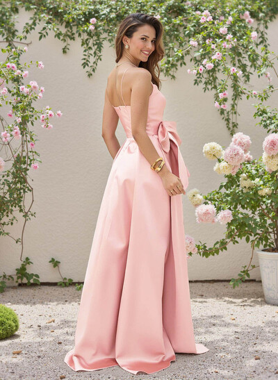 Unique Sweetheart Bow(s) A-Line High Split Floor-Length Satin Bridesmaid Dresses