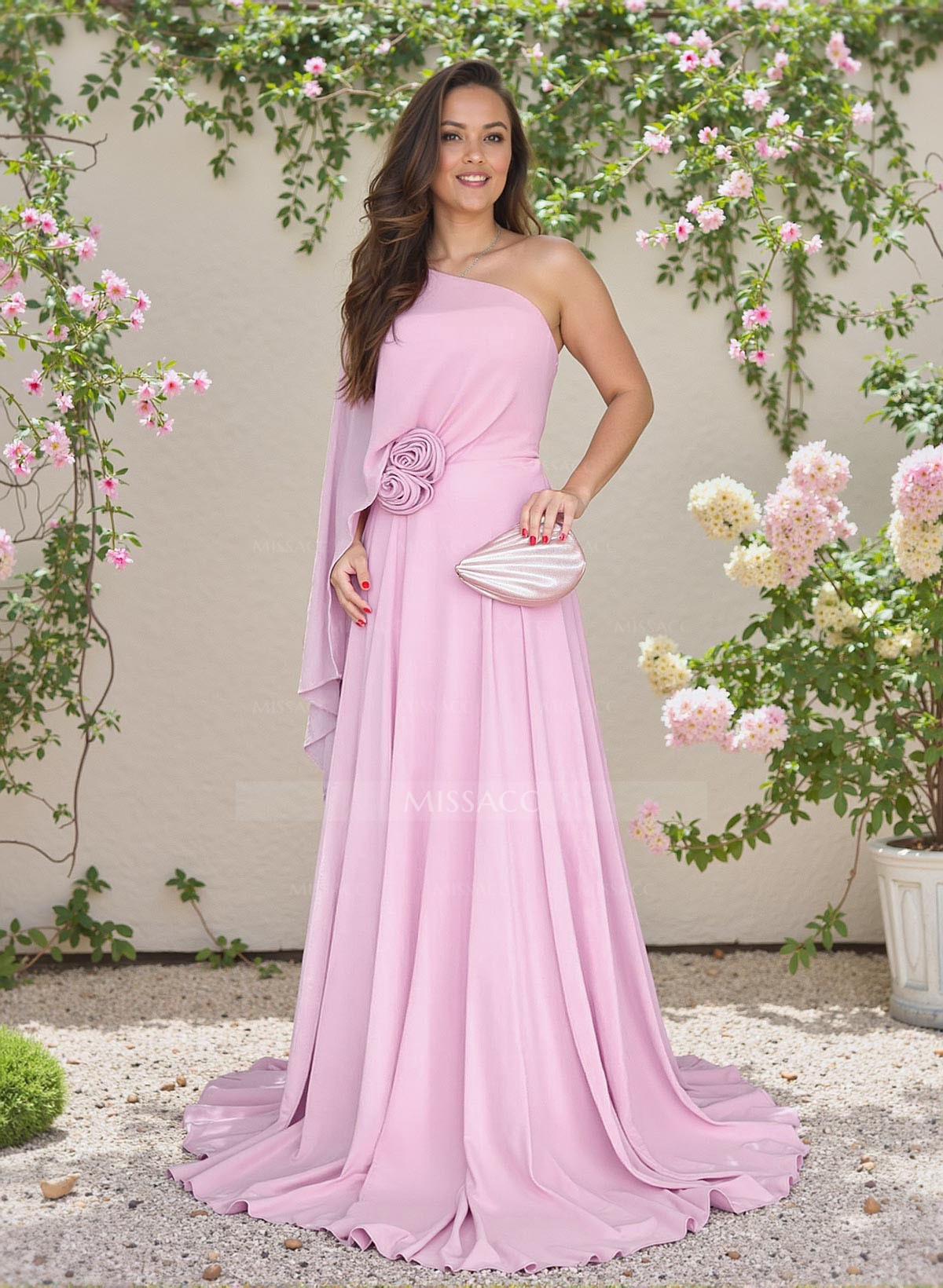 Dreamy One-Shoulder Flower(s) A-Line Sweep Train Chiffon Bridesmaid Dresses