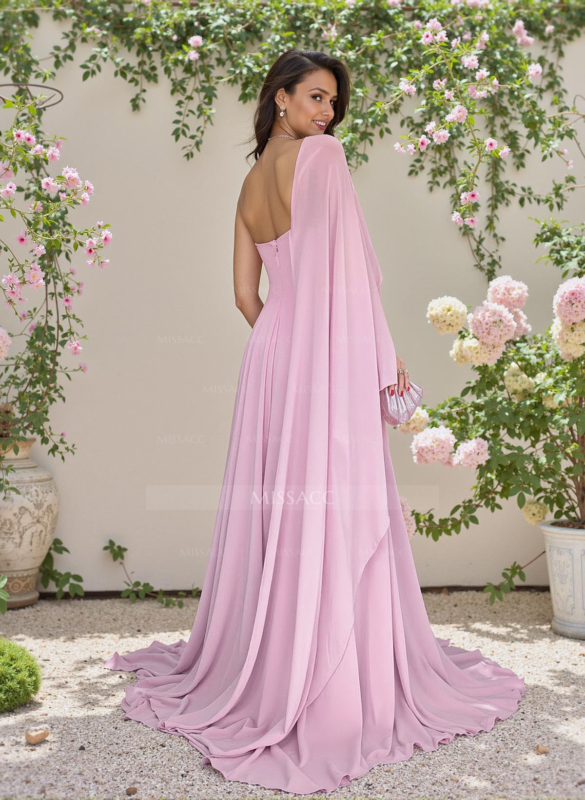 Dreamy One-Shoulder Flower(s) A-Line Sweep Train Chiffon Bridesmaid Dresses