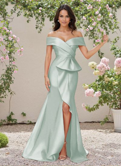 Elegant Off-The-Shoulder Ruffle A-Line Sweep Train Satin Bridesmaid Dresses
