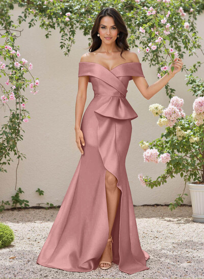 Elegant Off-The-Shoulder Ruffle A-Line Sweep Train Satin Bridesmaid Dresses