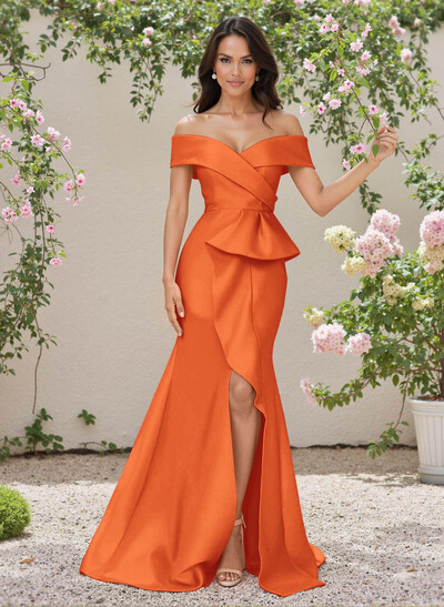 Elegant Off-The-Shoulder Ruffle A-Line Sweep Train Satin Bridesmaid Dresses